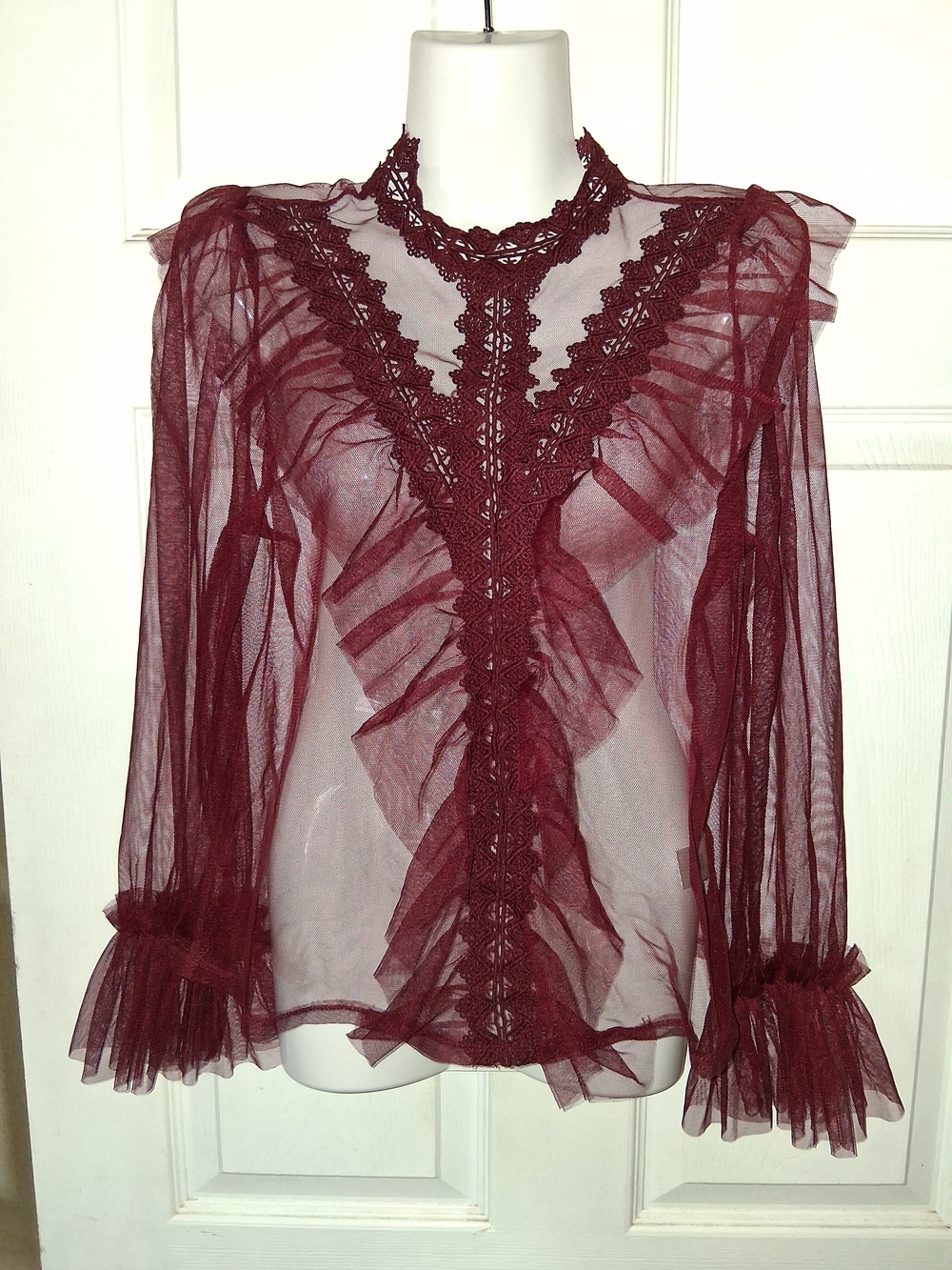 Blāshe Burgundy Gothic Romantic Sheer Lace Ruffle Blouse